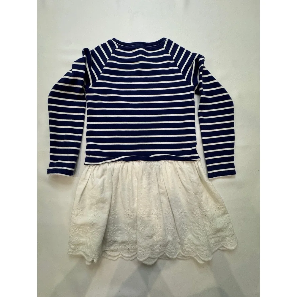 OshKosh B'gosh Striped Eyelet Dress‎ Kids 8 Navy White Mixed Media Long Sleeve